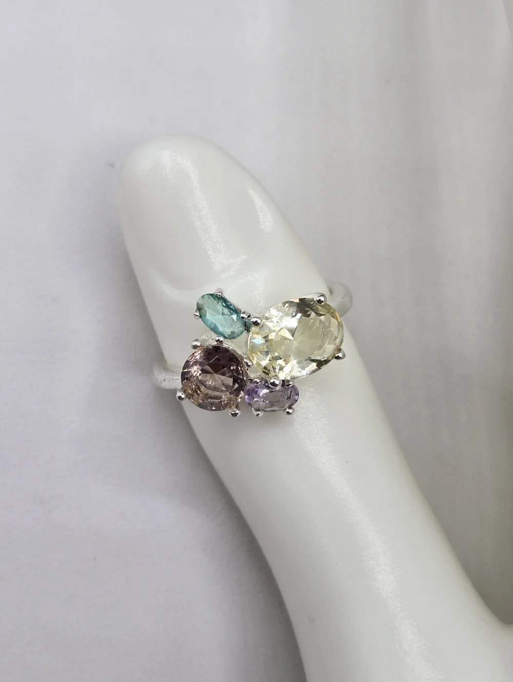 Swarovski Crystal Elements Silver Statement Ring Blue Purple Yellow Size 7.5 - Picture 3 of 7